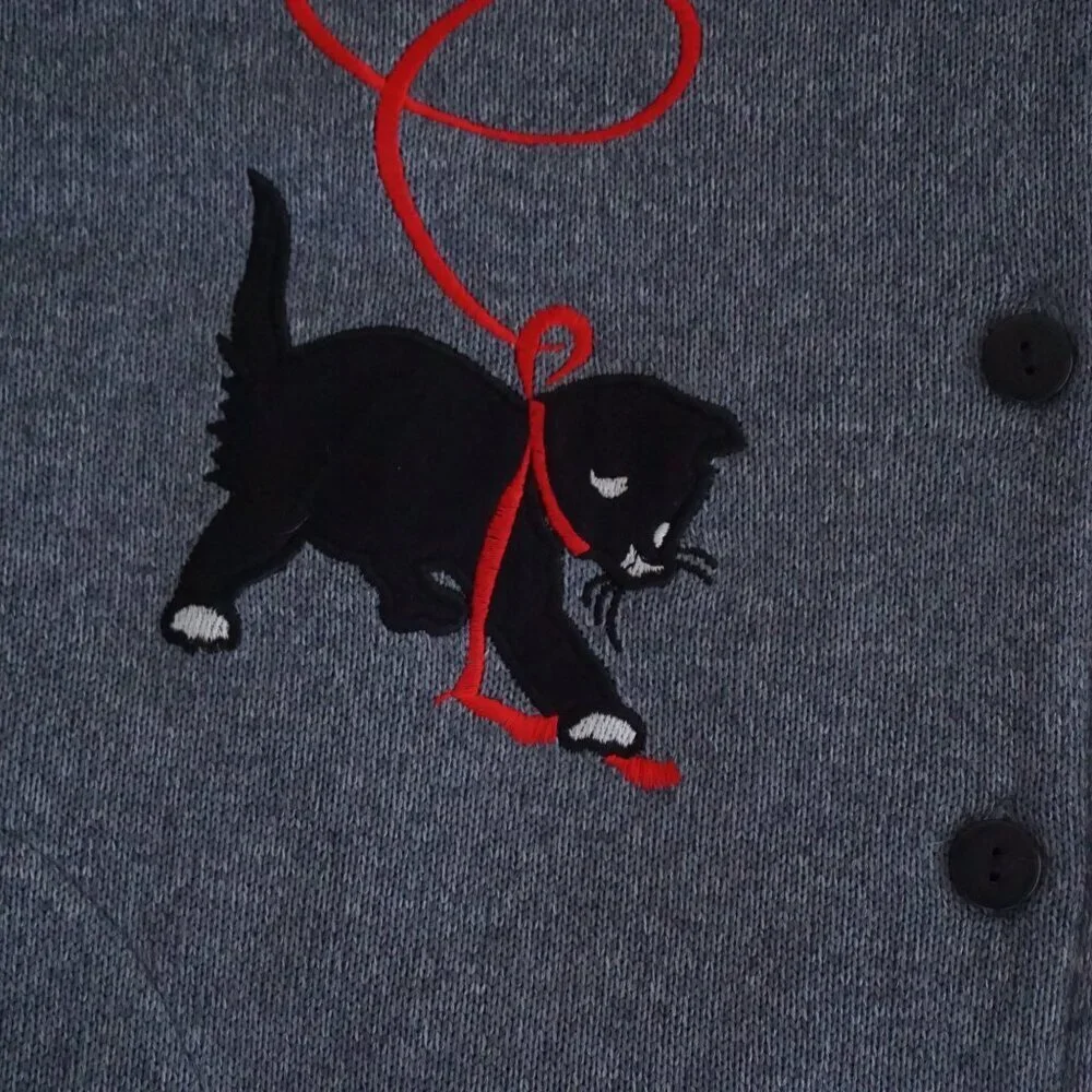 Vintage Blair Gray Cardigan Cats Yarn Holiday Cabincore Grandmacore Festive M - Picture 6 of 9